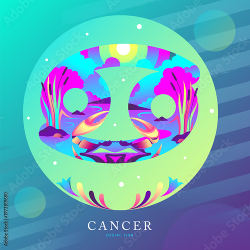 Modern magic witchcraft card with astrology Cancer zodiac sign on fluorescent background. Flat design. vector illustration