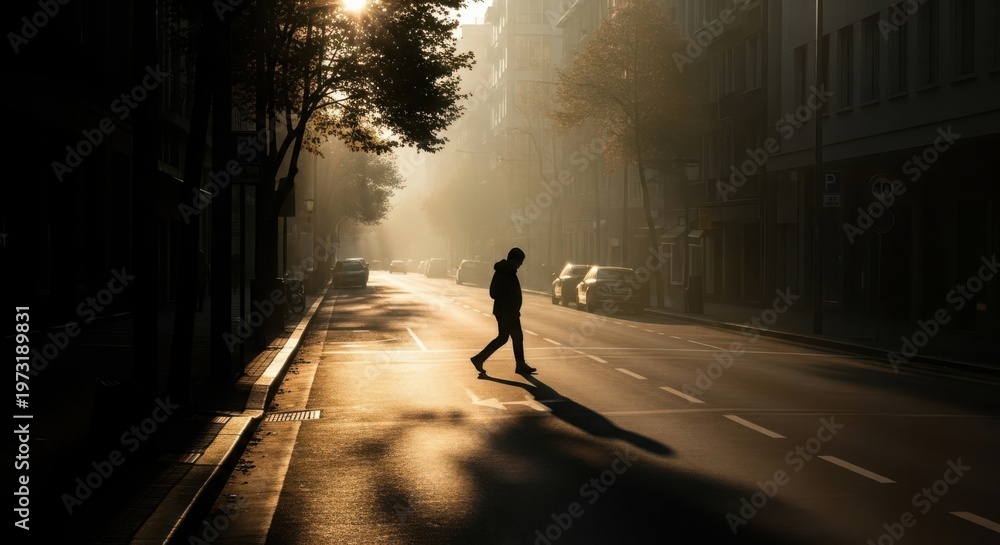 Obraz premium Solitary figure walks across a sun-drenched city street during a hazy morning, casting a long shadow.