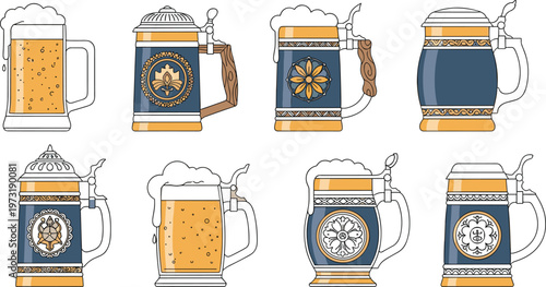 Traditional beer stein mugs set with foam, vintage German Oktoberfest drink cups cartoon vector illustration