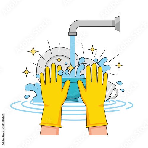 Washing Dishes with Yellow Gloves Under Running Water, Clean Kitchenware
