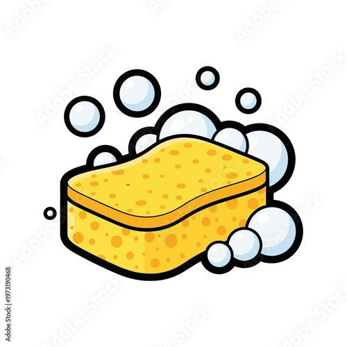 Yellow cleaning sponge with soap bubbles, illustration for household chores and hygiene