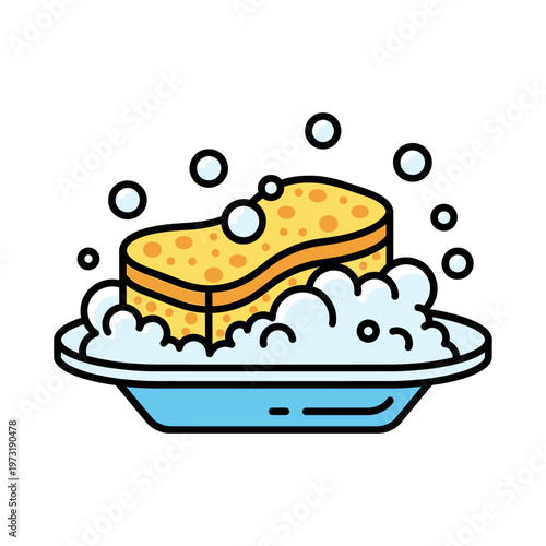 Yellow sponge creating soap bubbles on blue dish, cleaning concept