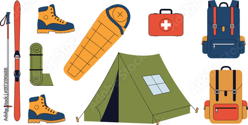 Camping and hiking gear vector set including tent, backpack, sleeping bag, boots, fishing rod and first aid kit for outdoor adventure design