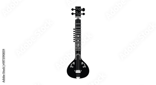 A striking black silhouette of a sitar a long necked plucked string instrument against a white background silhouette high quality professional detailed