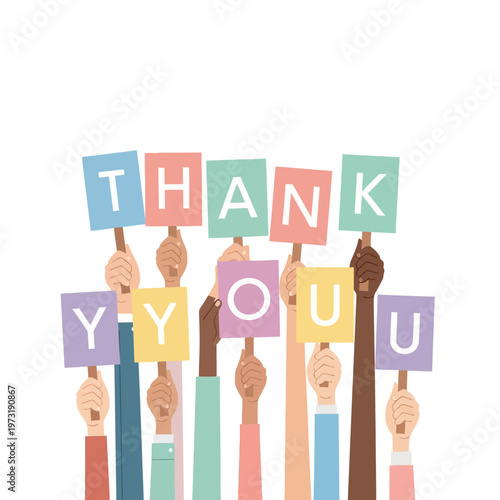 Diverse hands holding colorful signs spelling "THANK YOU"
