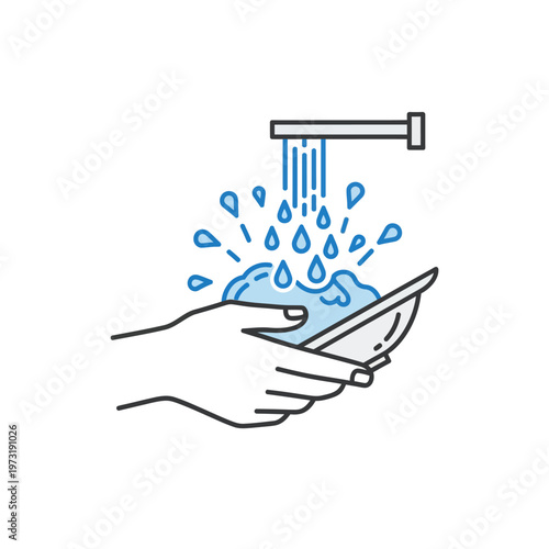 Hand Washing Dish Under Running Water, Hygiene Concept, Simple Line Art Icon