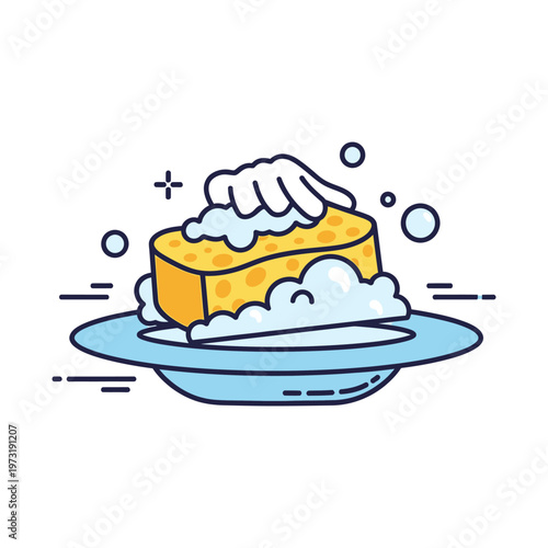 Hand Washing Dishes with Sponge and Bubbles, Cleanliness Concept