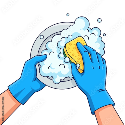 Hands in blue gloves washing dishes with sponge and foam, hygiene and cleaning concept