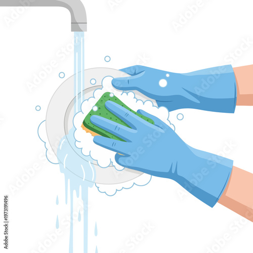 Hands in blue gloves washing dishes with sponge under running water and soap bubbles