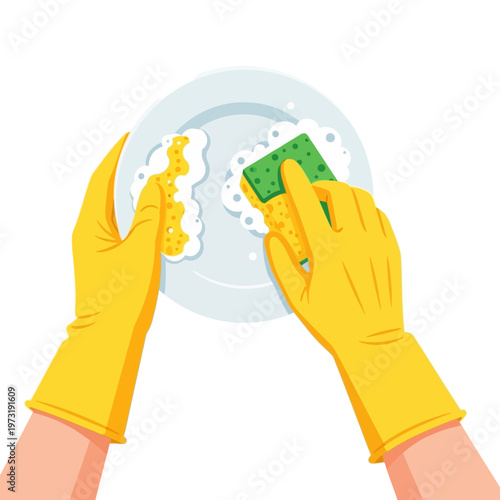 Hands in Yellow Gloves Washing a White Plate with a Sponge and Bubbles