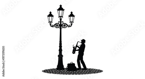 A street musician plays a saxophone under ornate lampposts creating a dramatic artistic silhouette high quality professional detailed modern elegant stylish