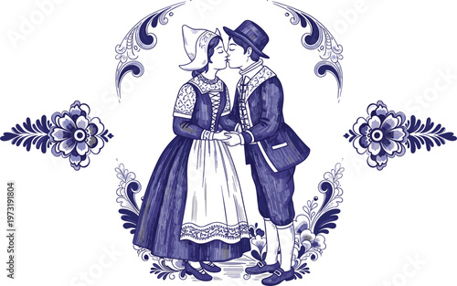 Traditional Dutch couple kissing in Delft blue style illustration with floral ornaments, vintage Netherlands folklore costume romantic decorative vector design