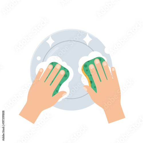 Hands washing a plate with a sponge, sparkling clean dishwashing concept