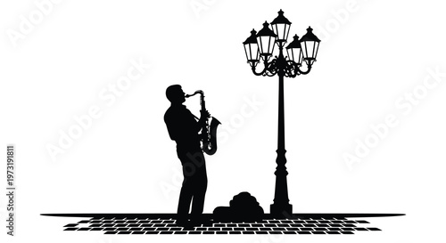 A musician plays a saxophone under ornate street lamps creating a dramatic scene in black and white silhouette high quality professional