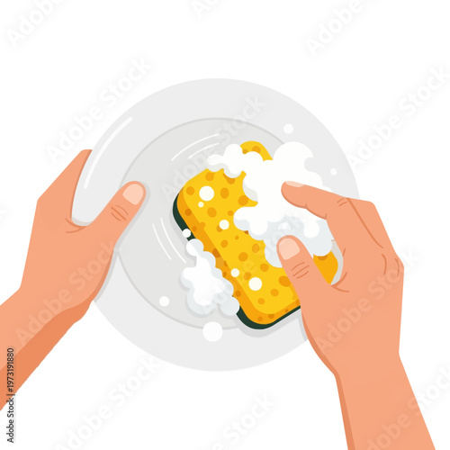 Hands washing a plate with a yellow sponge and foam, top view, isolated on white background