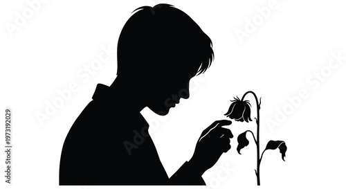 A melancholic figure contemplates a drooping flower in a striking black silhouette high quality professional detailed modern elegant stylish clean crisp