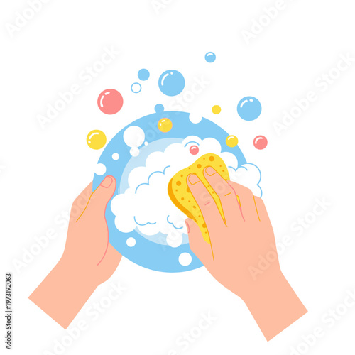 Hands Washing Dishes with Soap Suds and Bubbles, Kitchen Cleaning Concept