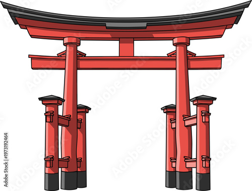 Traditional Japanese torii gate vector illustration, iconic Shinto shrine entrance architecture isolated, red sacred gate symbol of Japan culture and religion