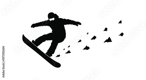 A dynamic snowboarder performs an aerial trick kicking up snow in a striking black silhouette high quality professional detailed modern elegant