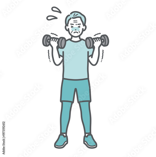 辛そうにダンベルトレーニングをするシニア男性のイラスト
