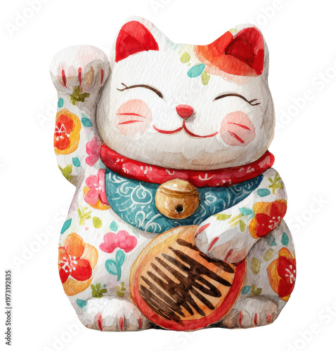 Watercolor Maneki Neko lucky cat figurine with gold coin and raised paw for prosperity clip art illustration. Japanese lucky charms