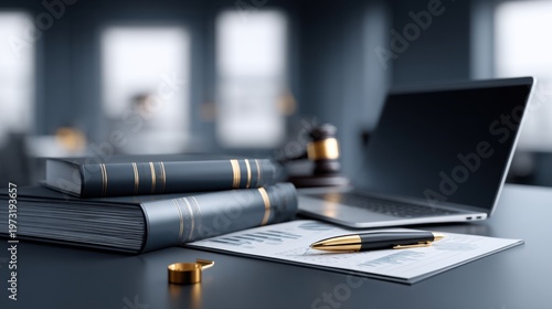 Professional Law Office Desk with Legal Books, Gavel, Laptop, and Documents