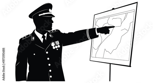 A military officer in uniform points at a map presented as a striking black silhouette high quality professional detailed modern elegant