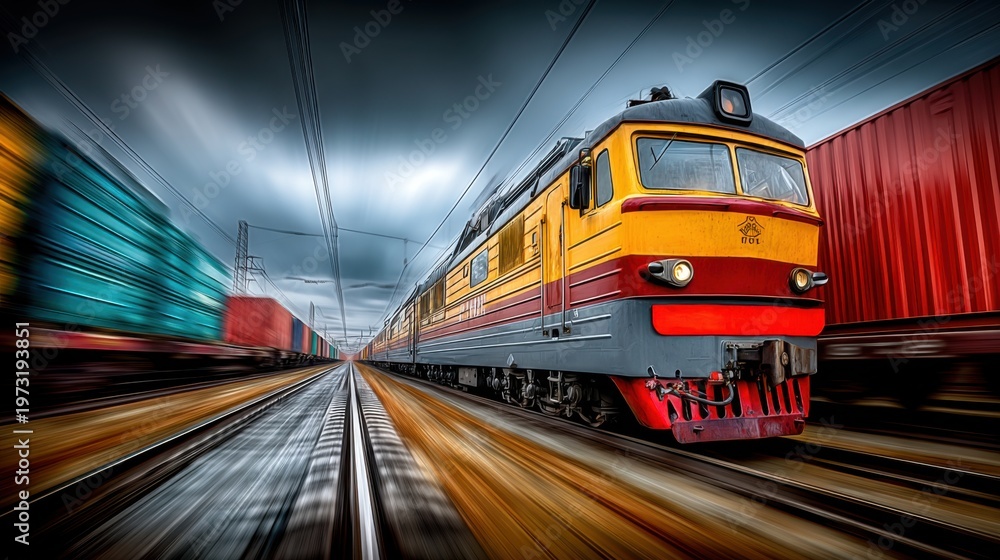 Obraz premium High-speed freight train transporting cargo containers along railway tracks at dusk