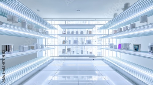 Modern retail display with clean shelves, bright LED lighting, and minimalist products