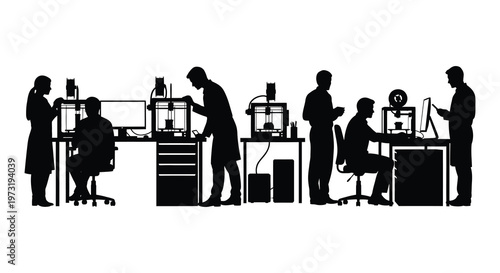 A group of scientists work within a modern laboratory setting utilizing complex equipment a striking silhouette high quality professional detailed
