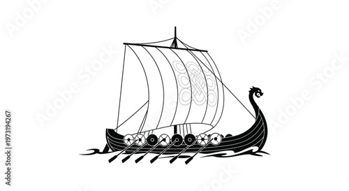 A detailed black and white illustration of a viking longship sailing on water presented as a striking silhouette high quality professional