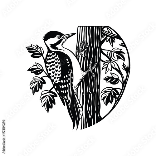 Detailed black and white illustration of a woodpecker clinging to a tree trunk with leaves.