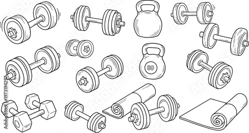 Hand-Drawn Fitness Equipment Illustration Set with Dumbbells, Kettlebells, and Mats for Gym, Workout, and Exercise Designs