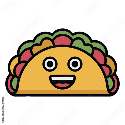 Cute cartoon taco with a happy smiling face and colorful fillings for mexican cuisine