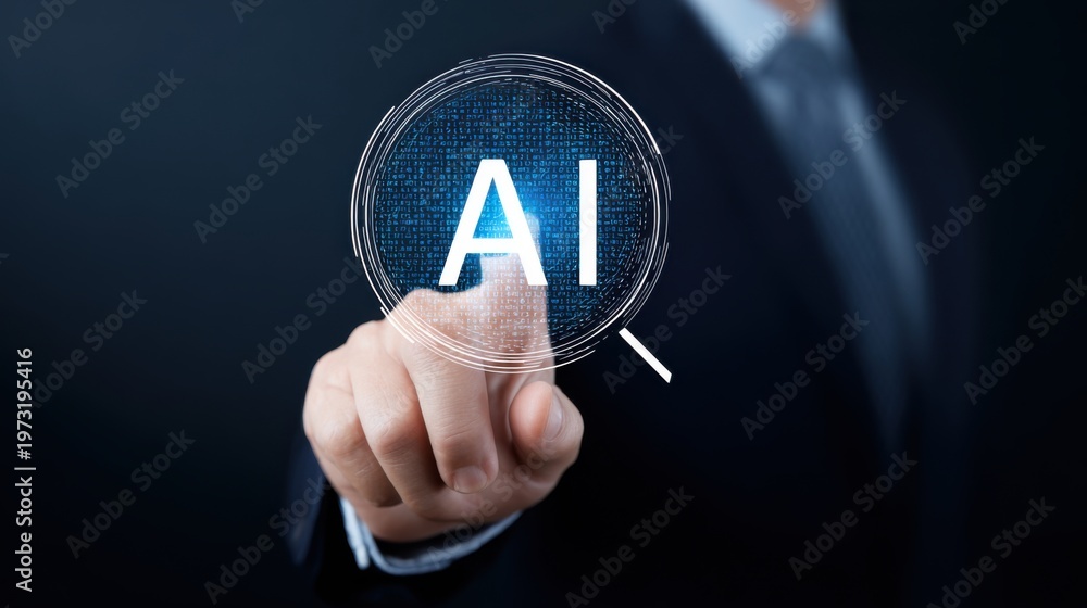 Businessman's Hand Touching Futuristic Digital Sphere with AI Symbol for Artificial Intelligence Concept