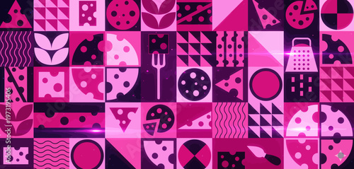 Abstract geometric pattern of pizza slices cheese grater and kitchen utensils in vibrant pink and purple tones playful