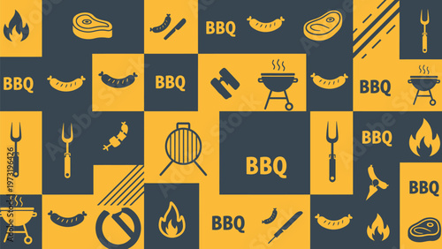 Vibrant bbq and grilling icons pattern on yellow and dark blue checkered background perfect for summer cookouts