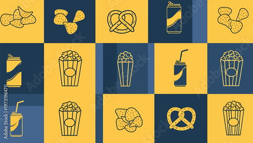 Retro style vector illustration of movie snacks and drinks a seamless pattern of popcorn buckets soda cans and pretzels