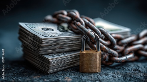Stack of United States Dollars Secured by Rusty Chain and Padlock Symbolizing Financial Security and Debt