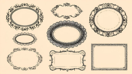 Frame decoration background set. Cute wavy lace and curly wedding decor. Vector hand drawn oval, round and rectangle vintage border set. Elegant classic line decorations with zigzag and whimsy 