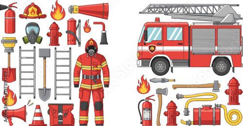 Firefighter Equipment and Firetruck Set with Tools, Gear, and Emergency Response Items for Safety, Rescue, and Firefighting Designs