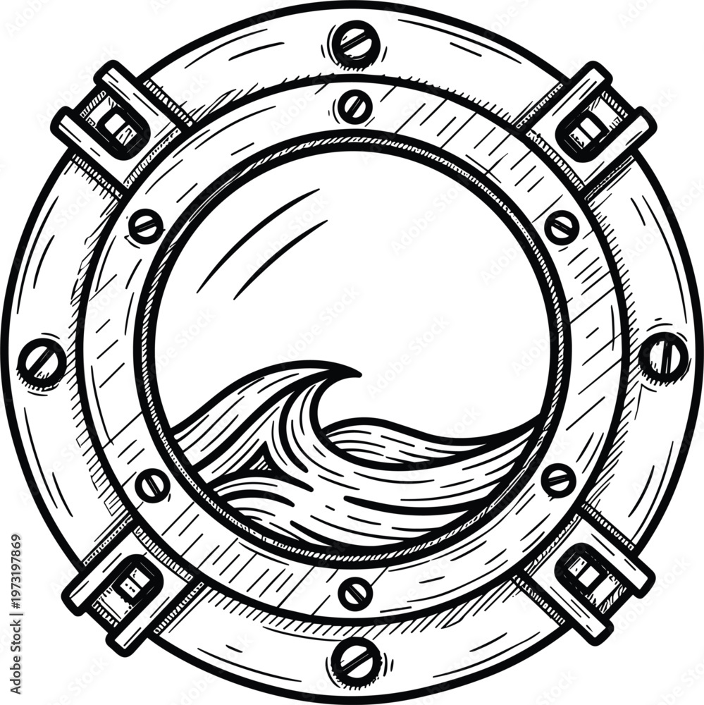 Ταπετσαρία Vintage nautical ship porthole window with ocean wave view hand drawn engraving