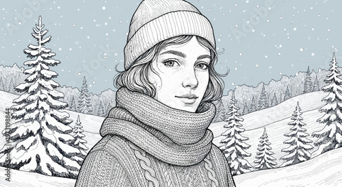 A cozy young woman in winter knitted wear in a snowy forest.