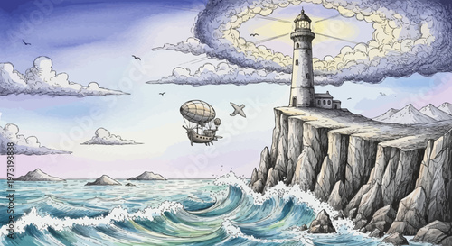 A whimsical fantasy landscape featuring a majestic lighthouse and a flying airship.
