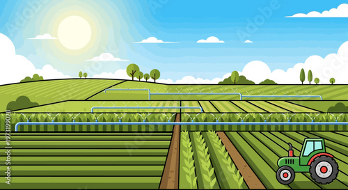 Modern farming with irrigation system and tractor on a sunny day.
