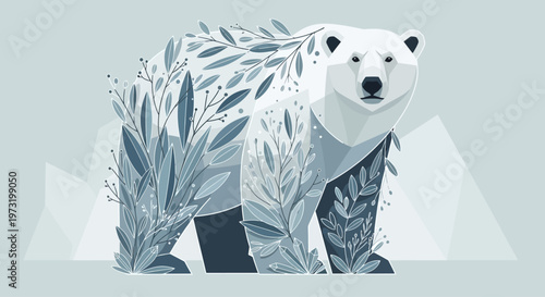 Stylized polar bear vector illustration with floral and leaf patterns in arctic landscape