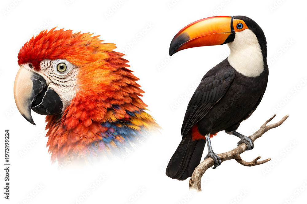 Fototapeta premium Macaw and toucan birds positioned together showing distinct beak shapes feather patterns and tropical species characteristics on neutral background