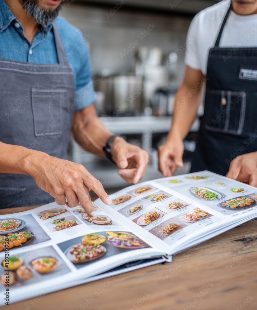 Fototapeta premium Two chefs in aprons examining a food menu book displaying various delicious dishes in a professional kitchen setting