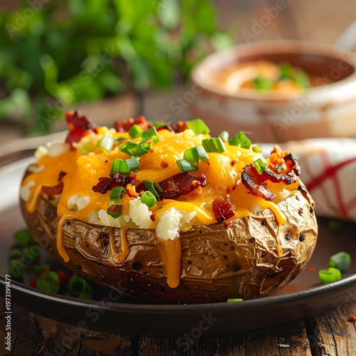 A loaded baked potato with cheese, bacon bits, and chives on a plate
