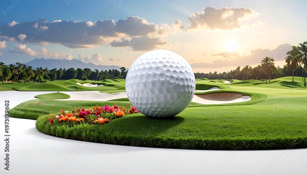 Fototapeta premium Giant Golf Ball on a Lush Green Golf Course with Flowers and Water Hazards.